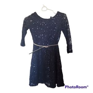 Girl's Navy Blue Sequin Flare Dress - Size 8